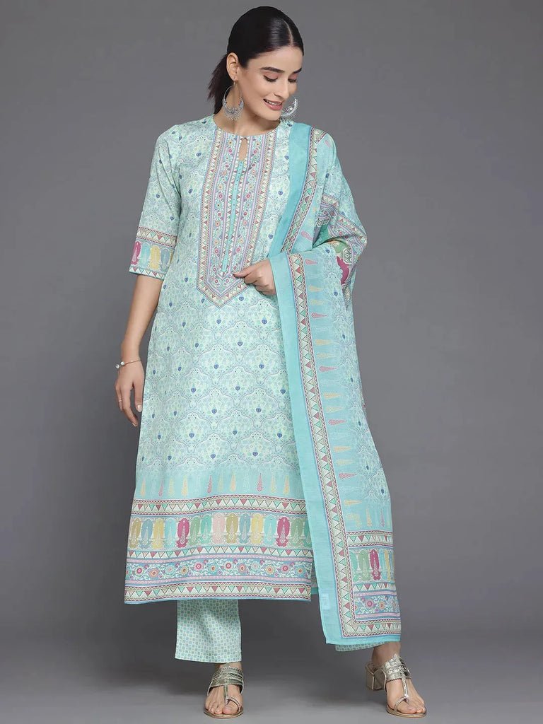 Libas Green Printed Poly Crepe Straight Suit With Dupatta