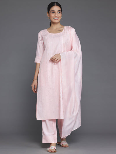 Peach Self Design Silk Blend Straight Suit With Dupatta - Libas