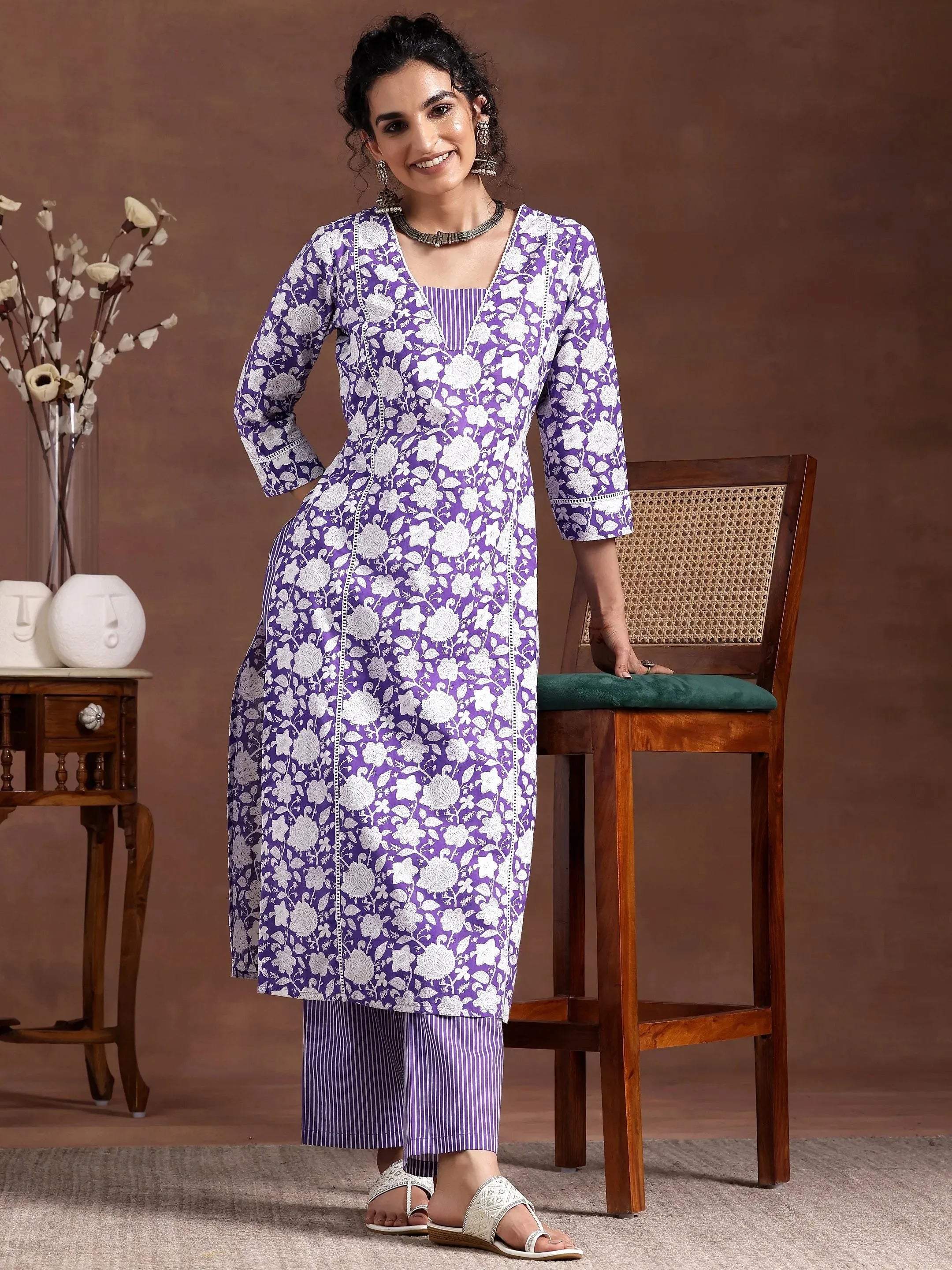 libas Purple Printed Cotton Straight Kurta Set-picture-13