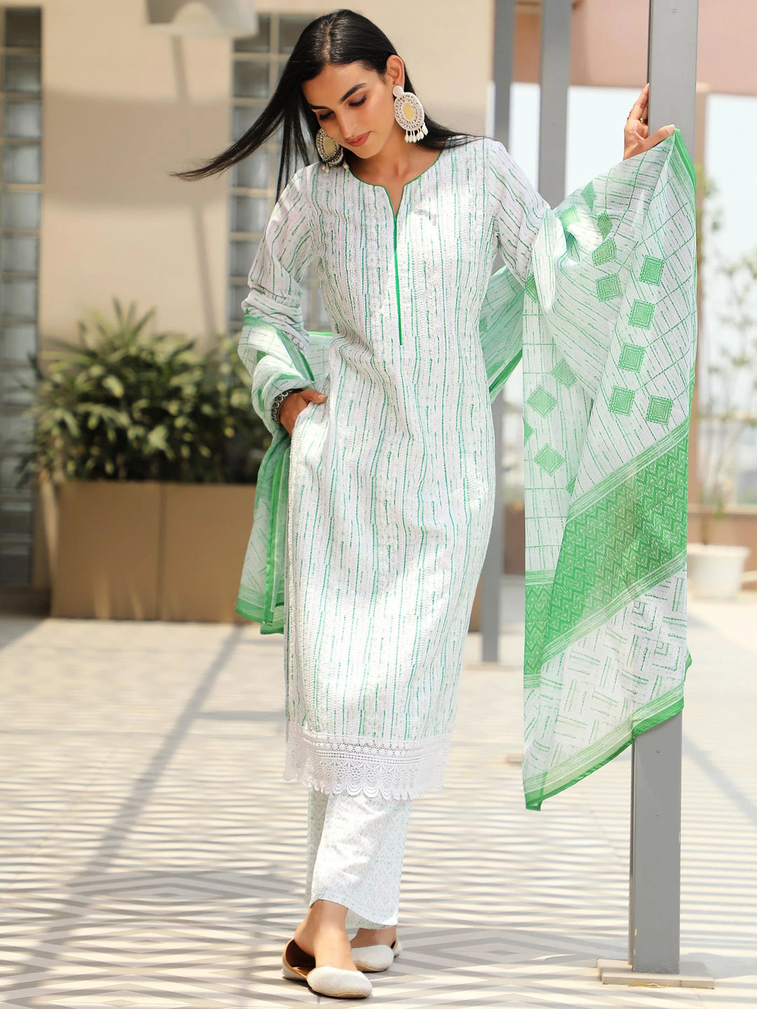 Off White Embroidered Cotton Blend Straight Suit With Dupatta - Libas 