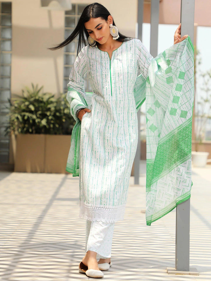 Off White Embroidered Cotton Blend Straight Suit With Dupatta - Libas