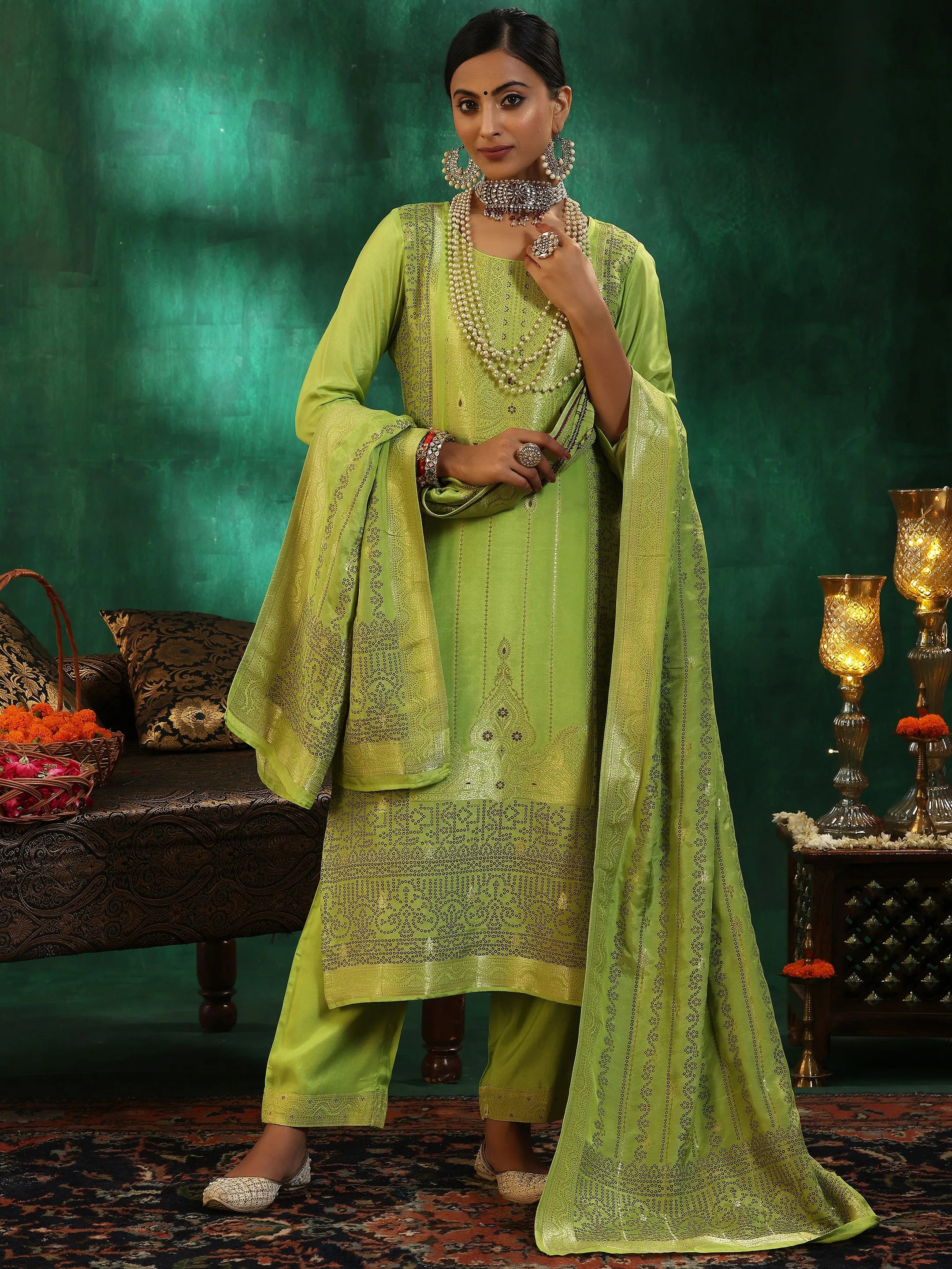 libas Green Woven Design Silk Blend Straight Suit With Dupatta-picture-31