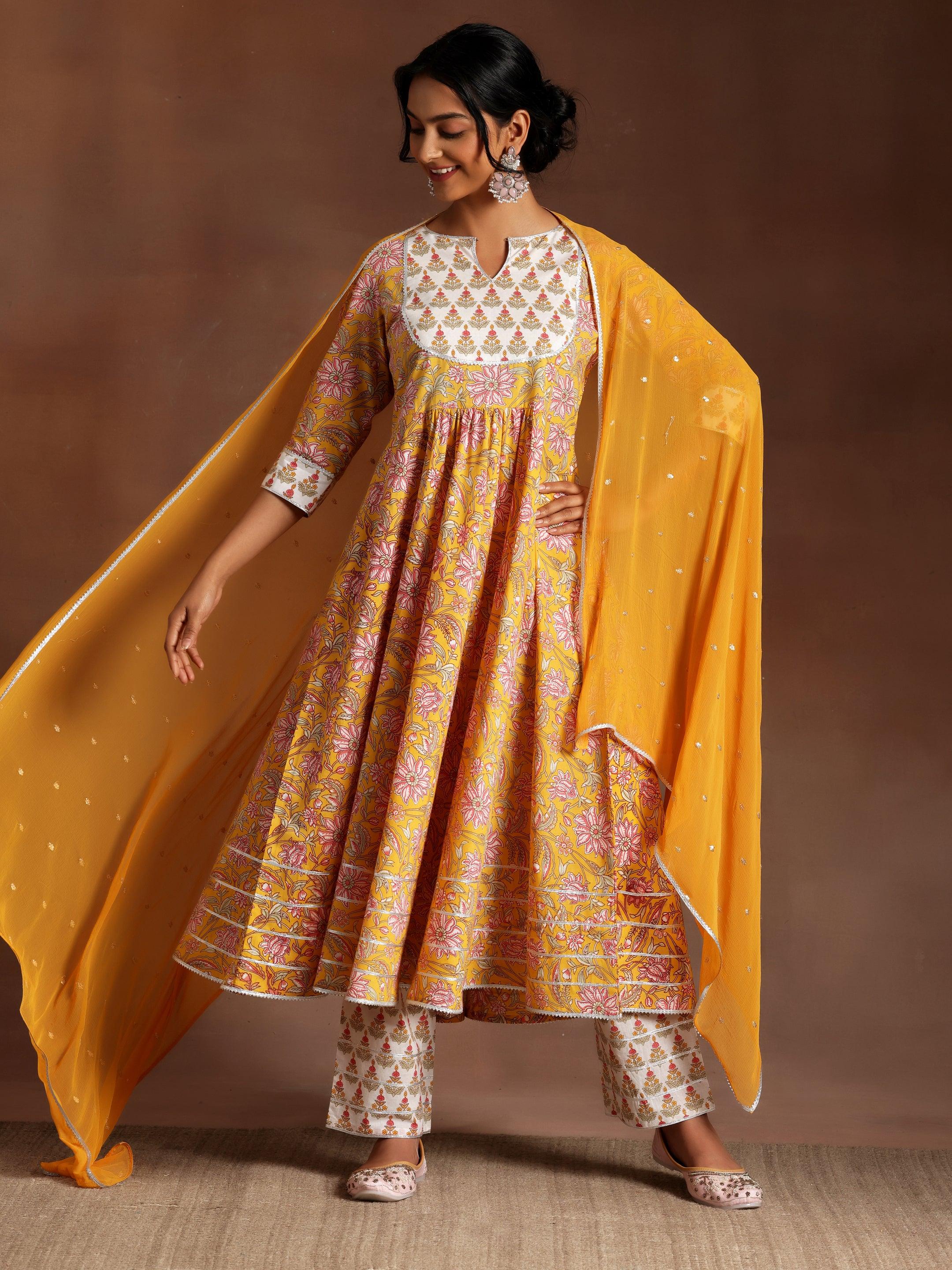 Yellow Printed Cotton Anarkali Suit With Dupatta