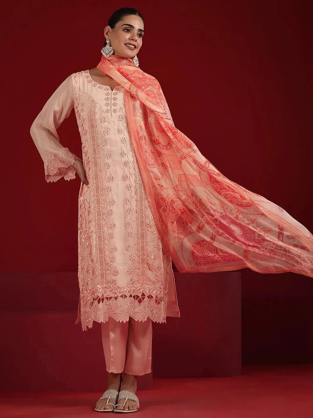 Libas Art Peach Embroidered Organza Straight Suit Set With Dupatta