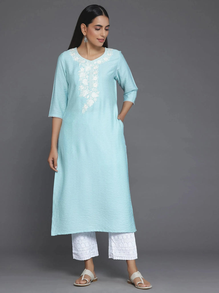 Libas Blue Yoke Design Silk Straight Kurta