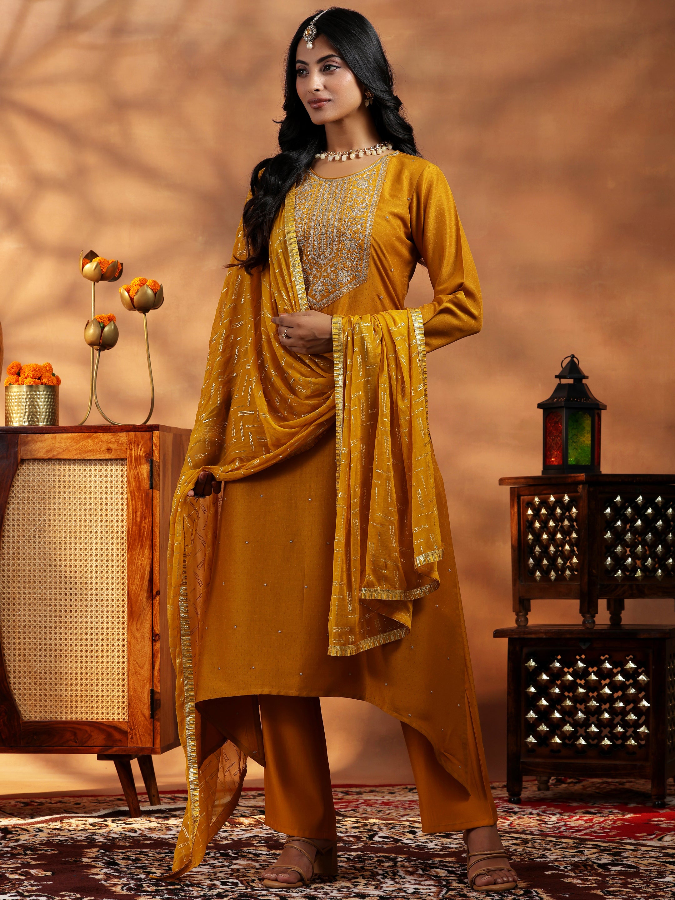 Mustard Embroidered Silk Blend Straight Suit With Dupatta-image-25