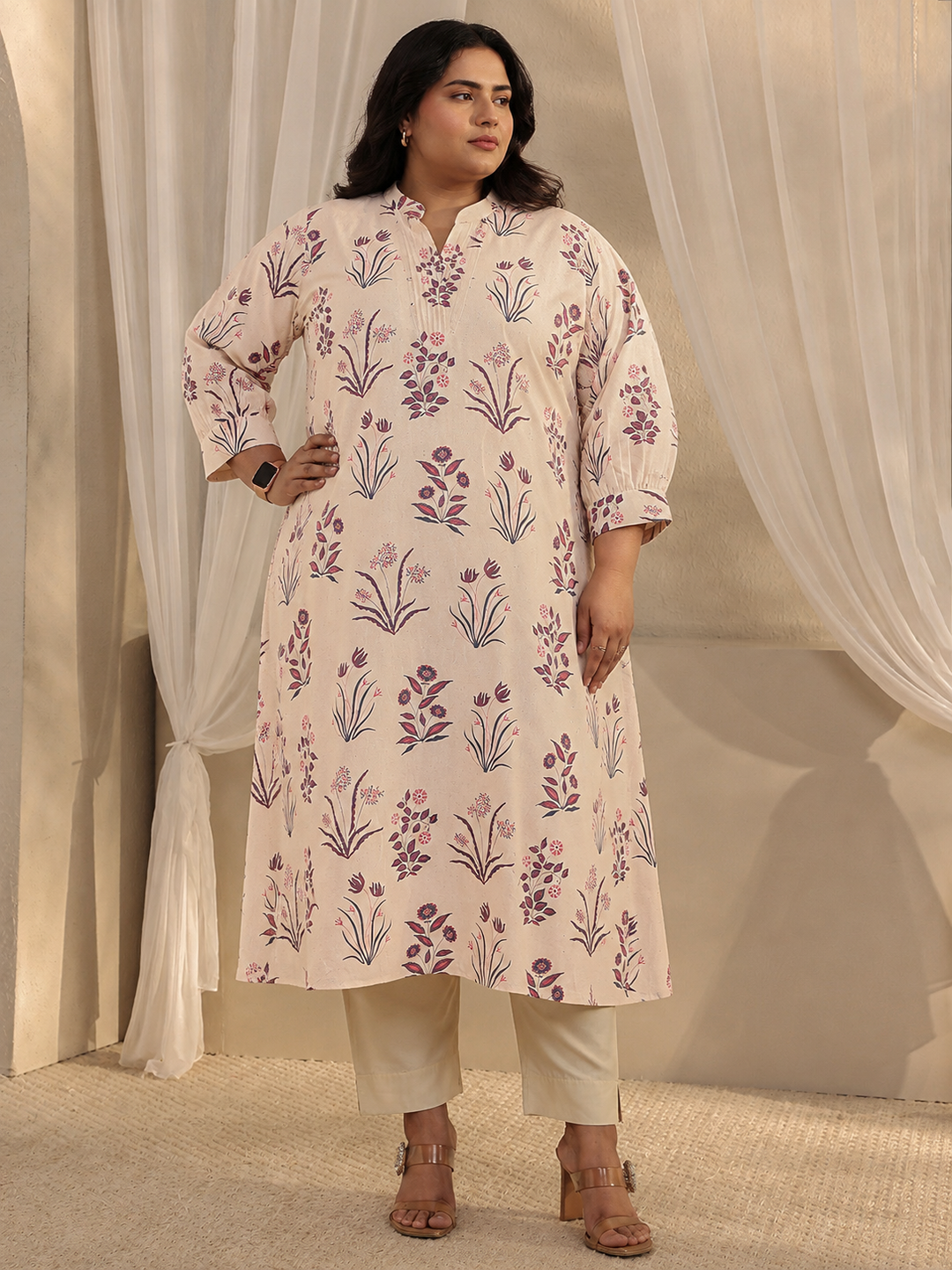  Plus Size Off White Floral Printed Cotton A-Line Kurta 