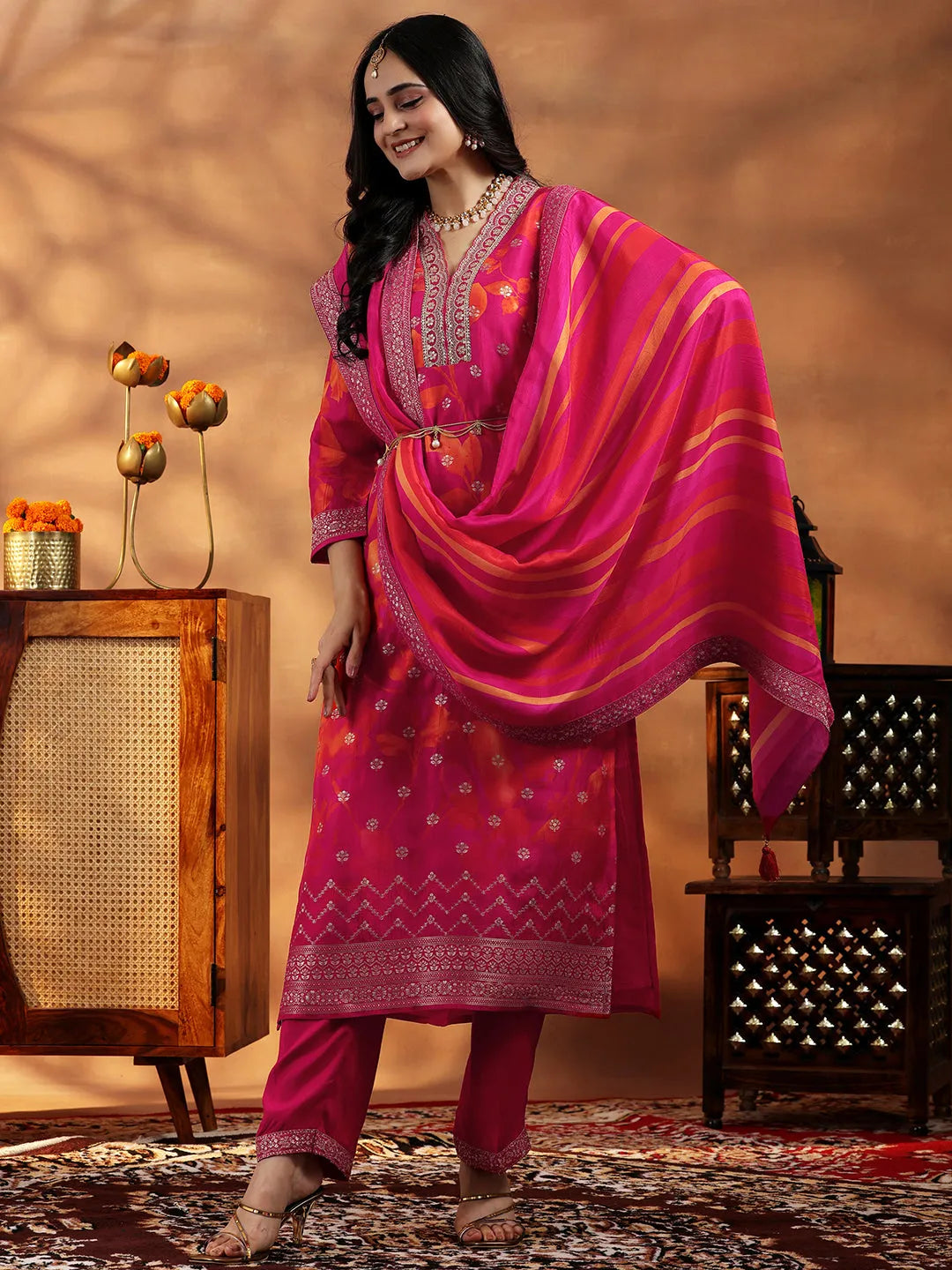 libas Pink Printed Silk Blend Straight Suit With Dupatta-picture-36