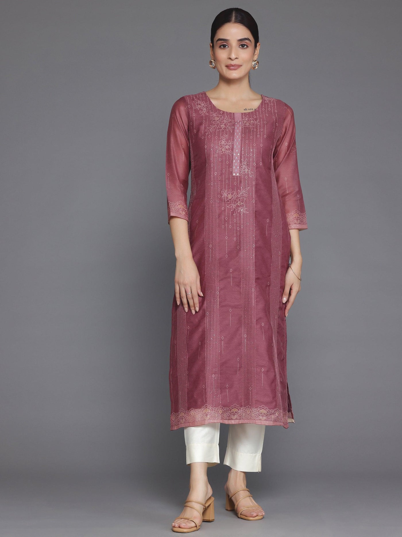 Mauve Embellished Chanderi Silk Straight Kurta - Libas