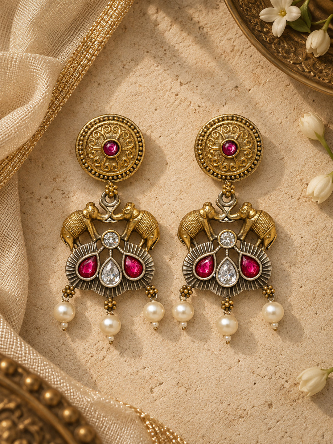 Libas Antique Gold Elephant Motif Pearl Drop Earrings