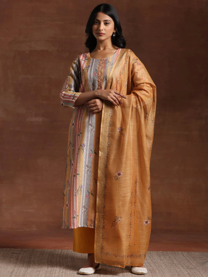Mustard Striped Cotton Straight Suit With Dupatta - Libas