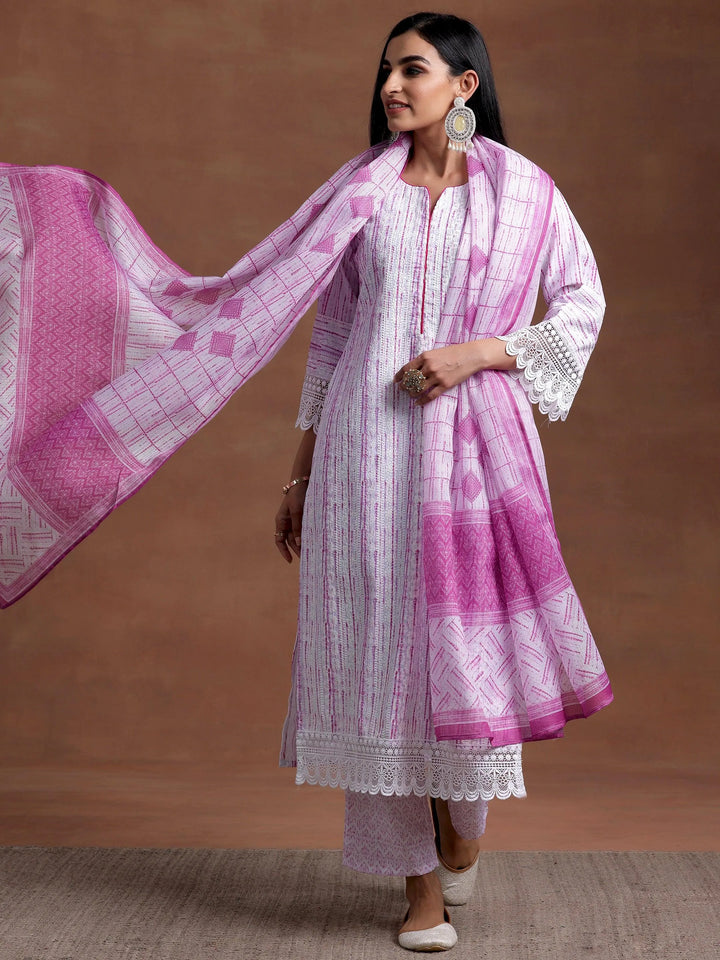 Off White Embroidered Cotton Blend Straight Suit With Dupatta - Libas