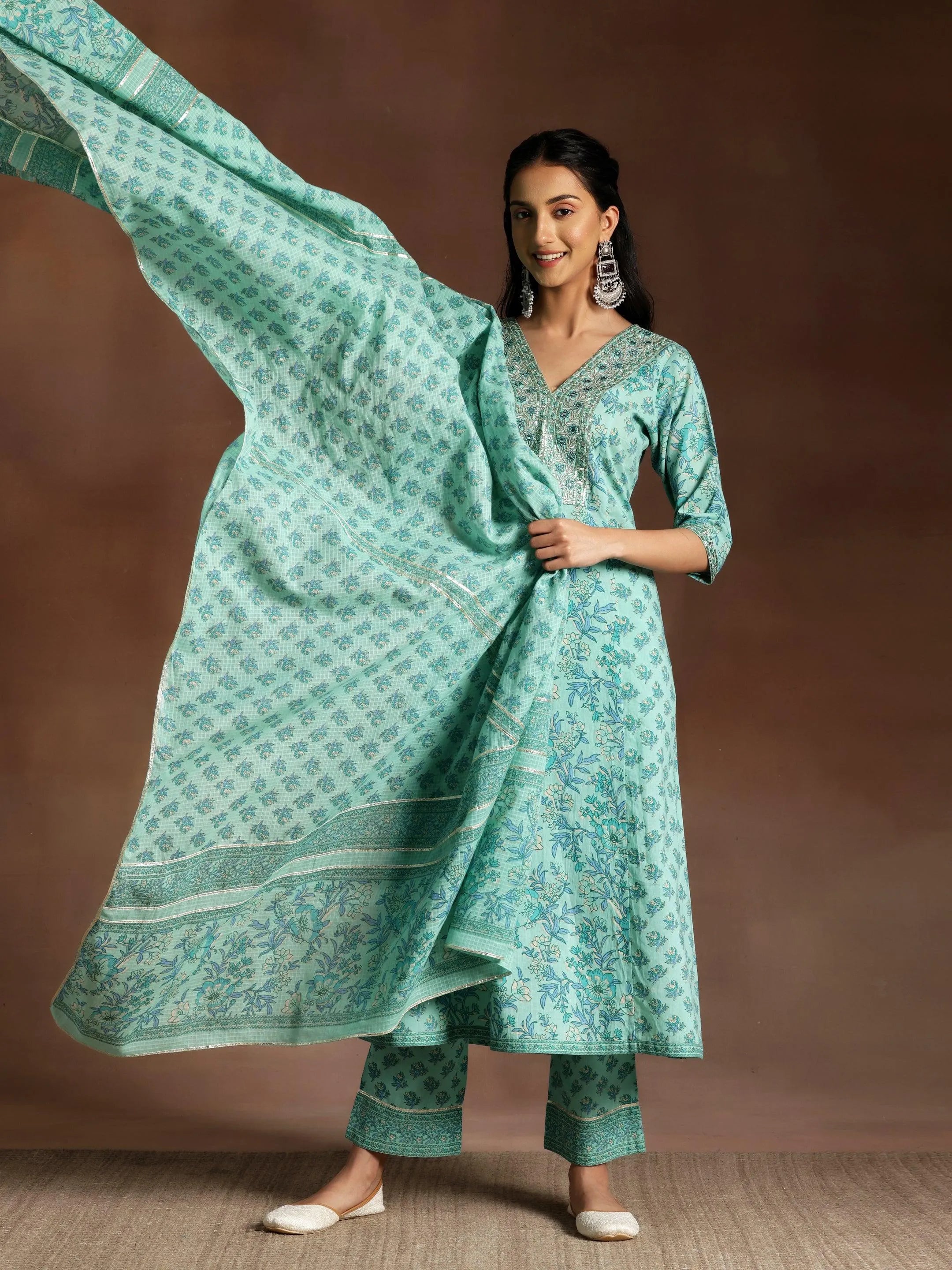 libas Turquoise Printed Cotton A-Line Kurta With Palazzos & Dupatta-picture-36