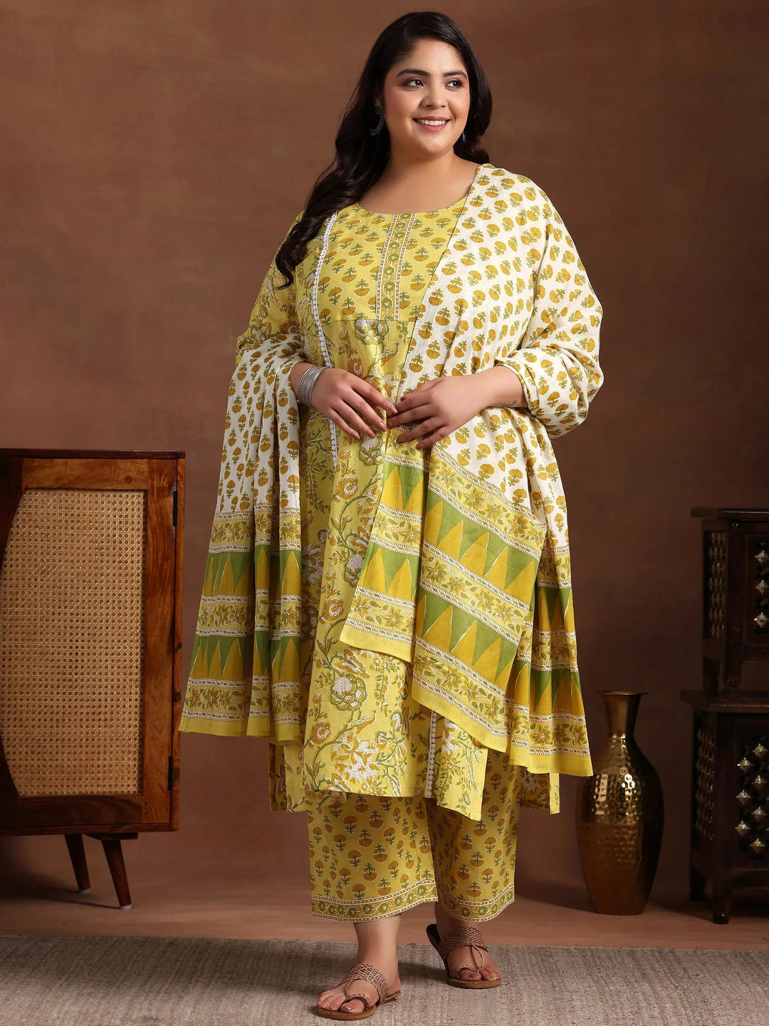  Plus Size Yellow Printed Cotton Straight Suit With Dupatta 