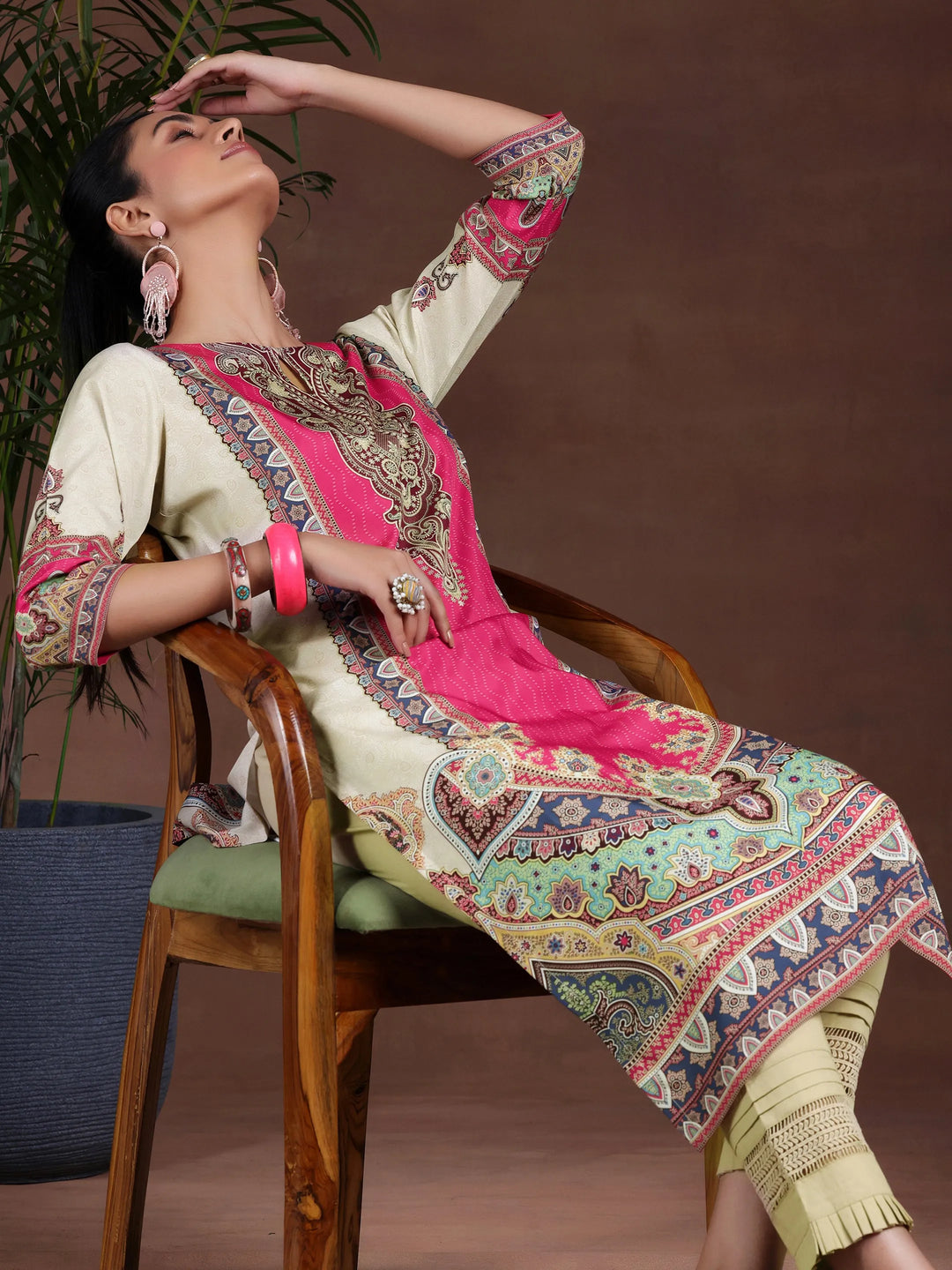  Beige Printed Crepe Straight Kurta 