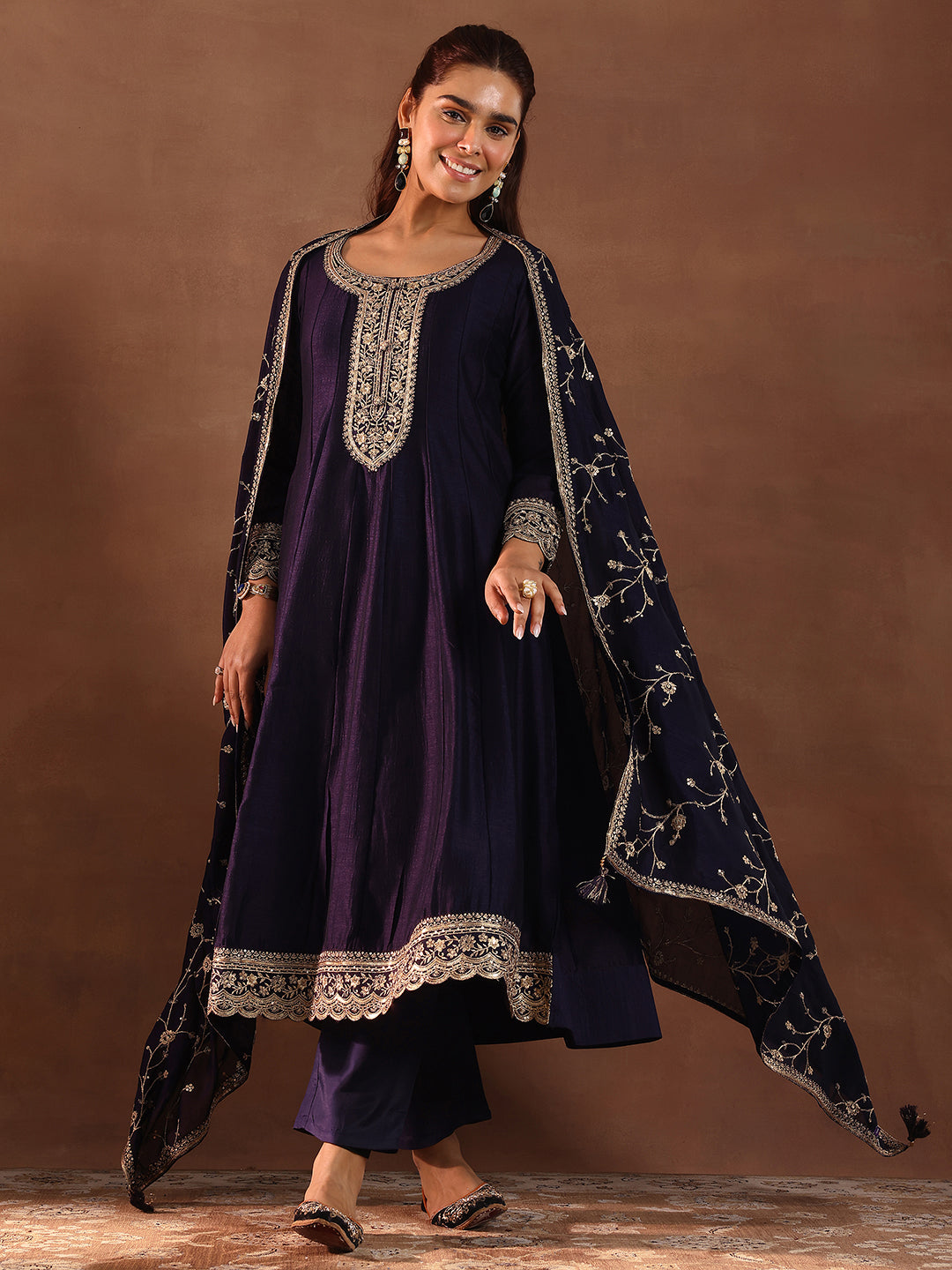 Purple Embroidered Silk Blend Anarkali Suit With Dupatta-image-41