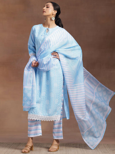 Blue Embroidered Cotton Blend Straight Suit With Dupatta - Libas