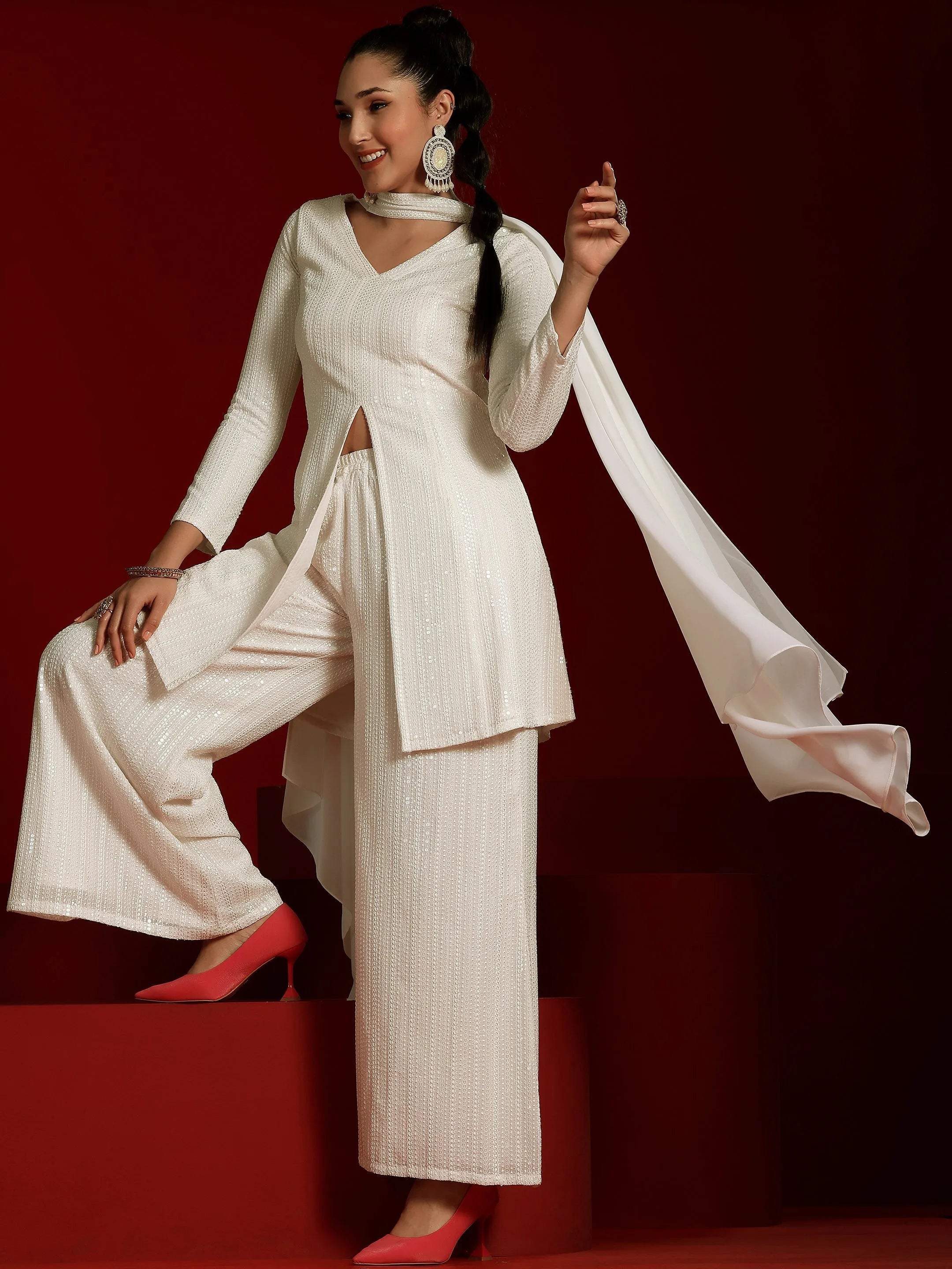 Libas Art Off White Embroidered Georgette A-Line Kurta With Palazzos & Dupatta-image-39