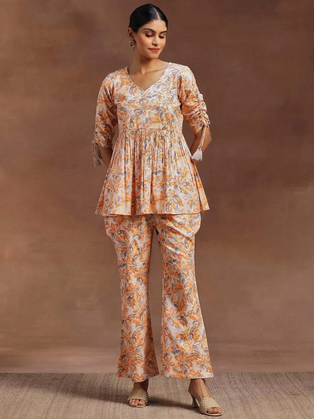 Orange Printed Cotton Blend Co-Ords - Libas 