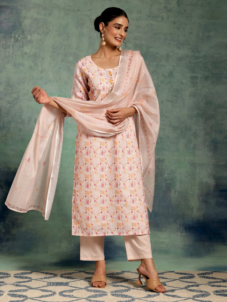 Libas Peach Printed Cotton Straight Suit With Dupatta