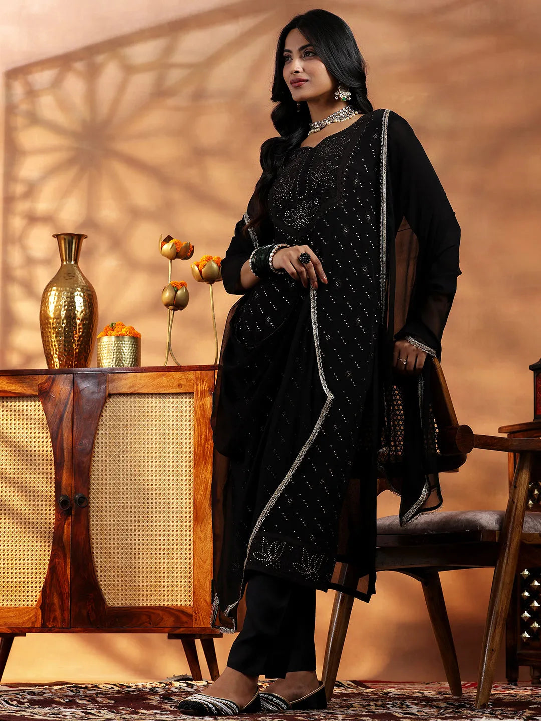  Black Embroidered Organza Straight Suit With Dupatta 