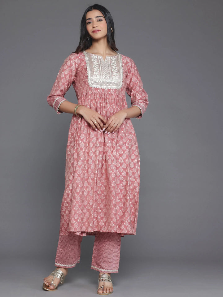 Mauve Printed Silk Blend A-Line Kurta With Palazzos - Libas