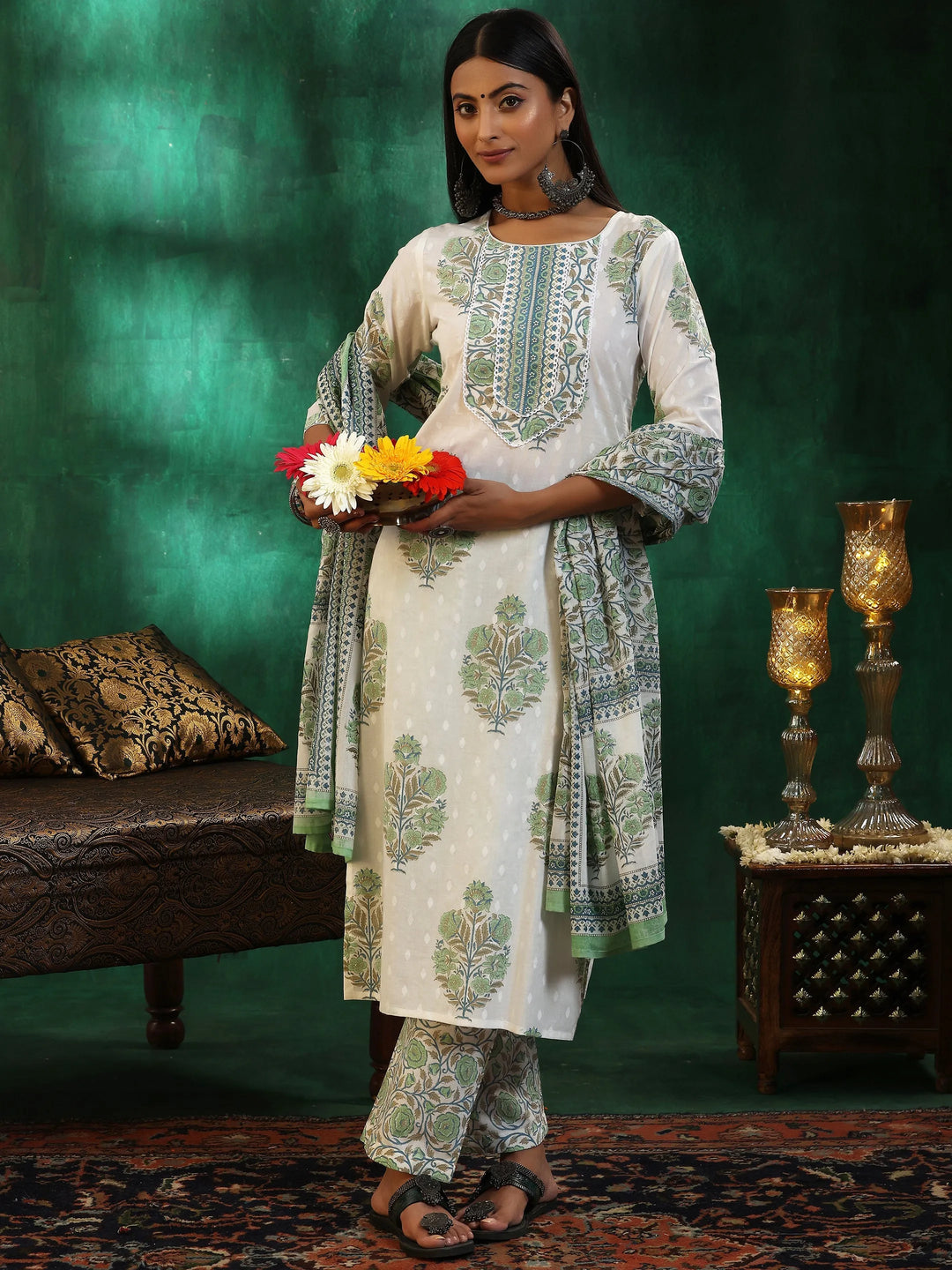  Off White Printed Cotton Straight Suit With Dupatta 