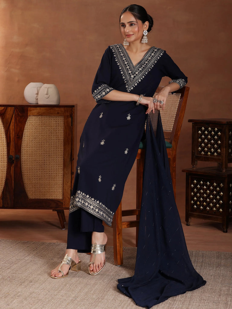 Libas Blue Embroidered Rayon Straight Suit With Dupatta