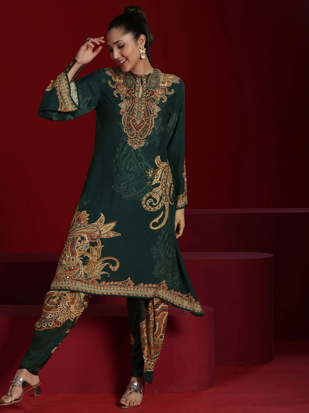  Libas Art Green Printed Silk Blend A-line Kurta With Dhoti Pants 