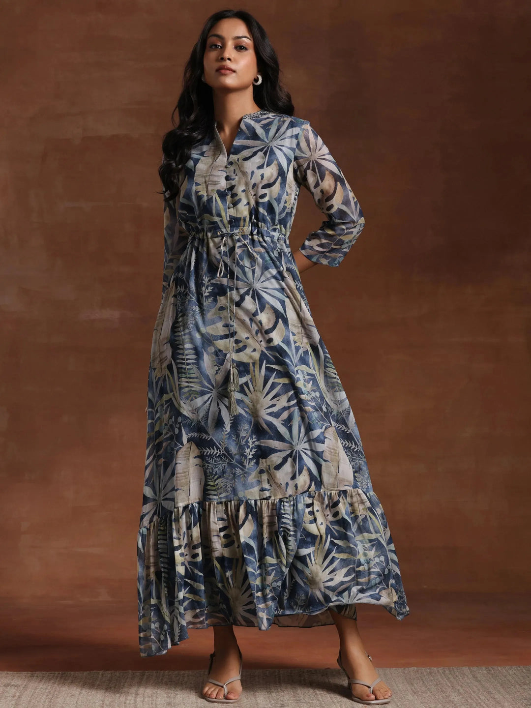  Blue Printed Chiffon A-Line Dress 