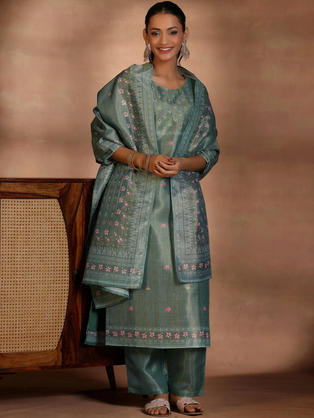  Green Printed Silk Blend Straight Suit With Dupatta 