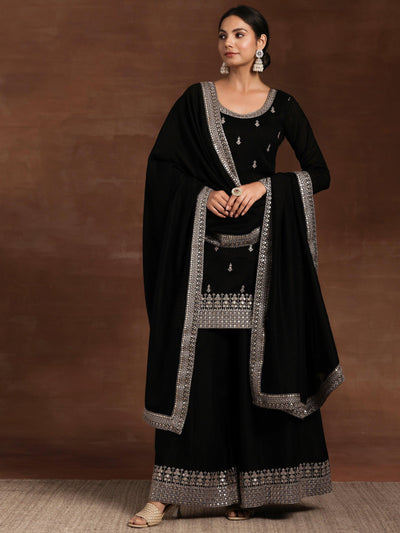 Black Embroidered Silk Blend Straight Suit With Dupatta - Libas