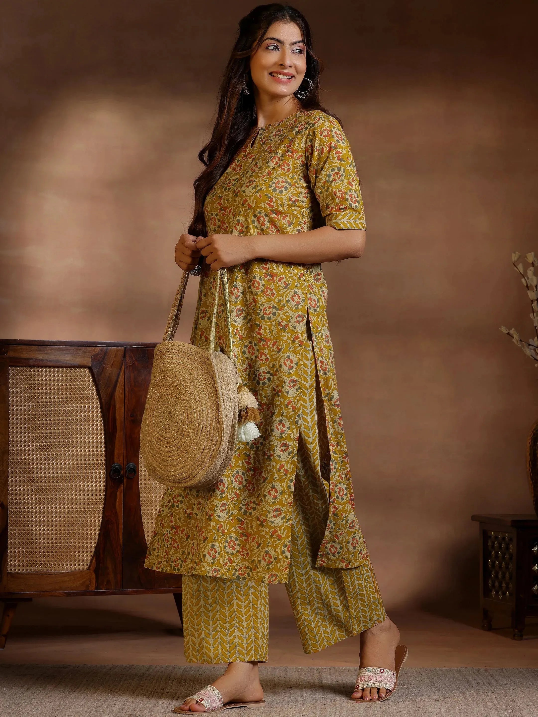 Mustard Printed Cotton Straight Kurta Set-image-2