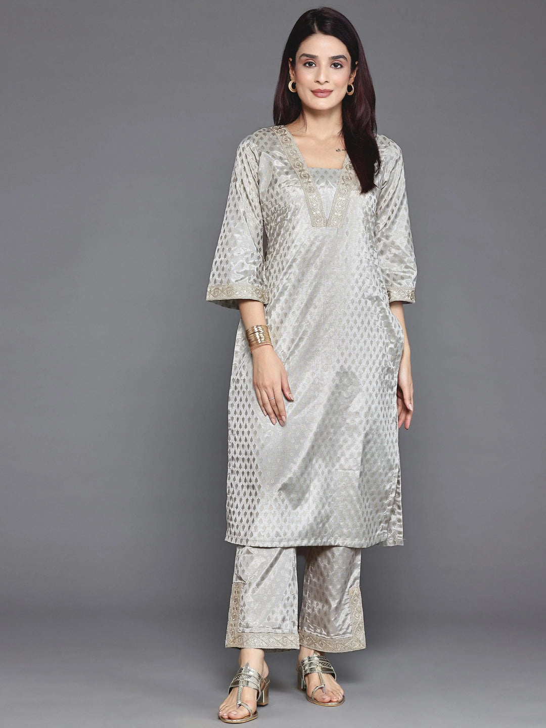 Grey Printed Silk Blend Straight Kurta Set - Libas 