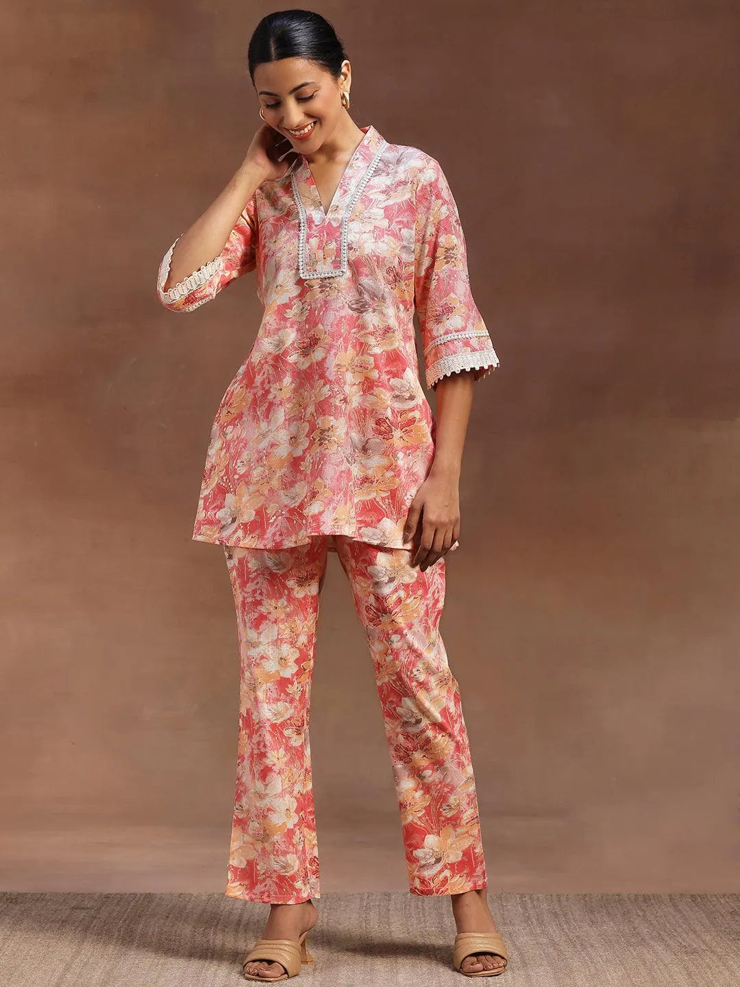 Peach Printed Cotton Blend Co-Ords - Libas 