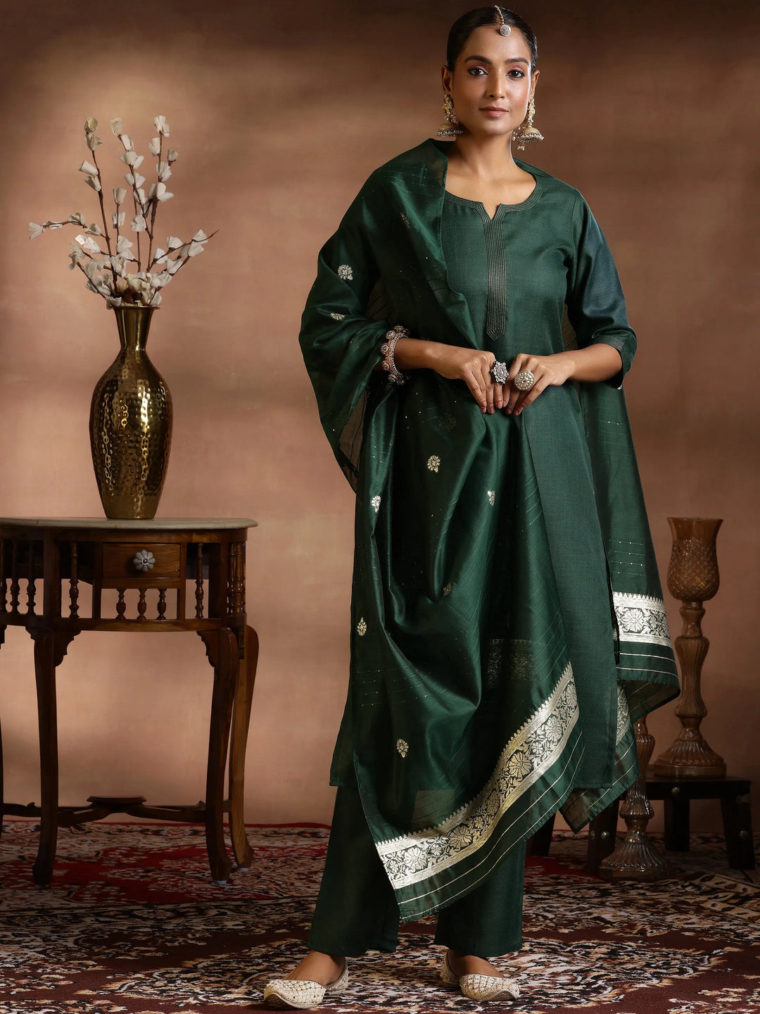 Green Solid Cotton Blend Straight Suit With Dupatta