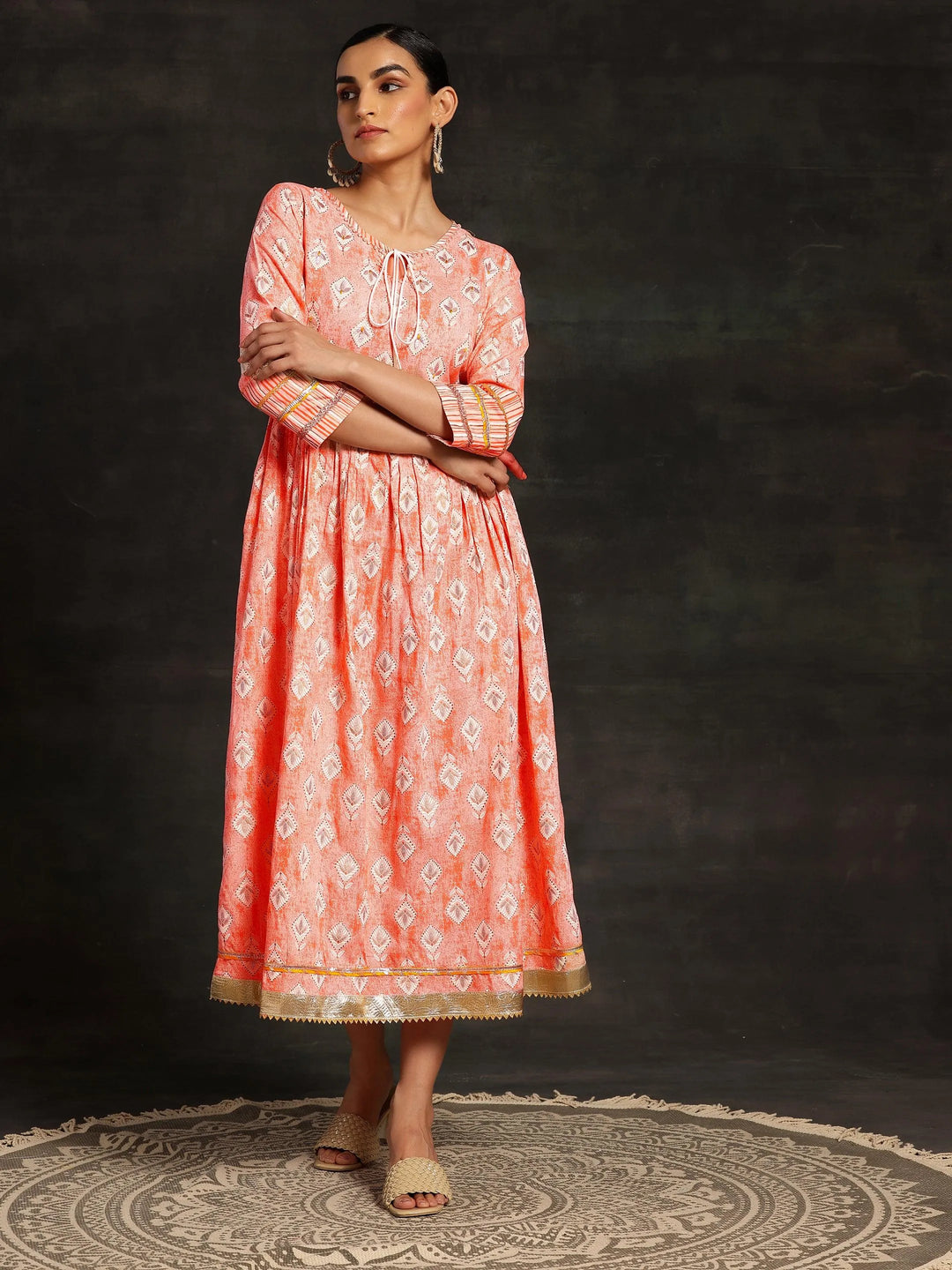 Peach Printed Cotton Fit and Flare Dress - Libas 