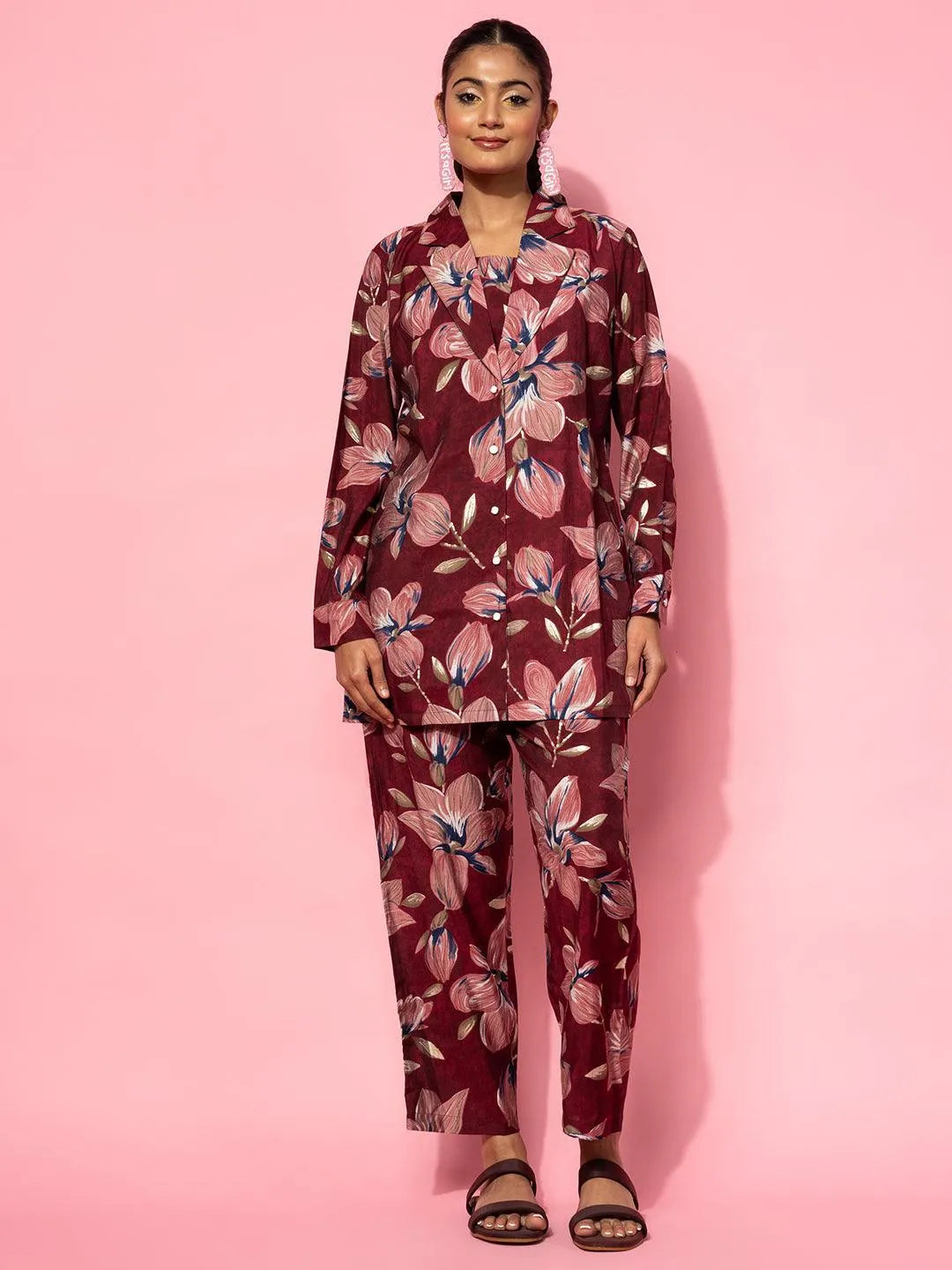 Maroon Printed Silk Blend Co-Ords - Libas 