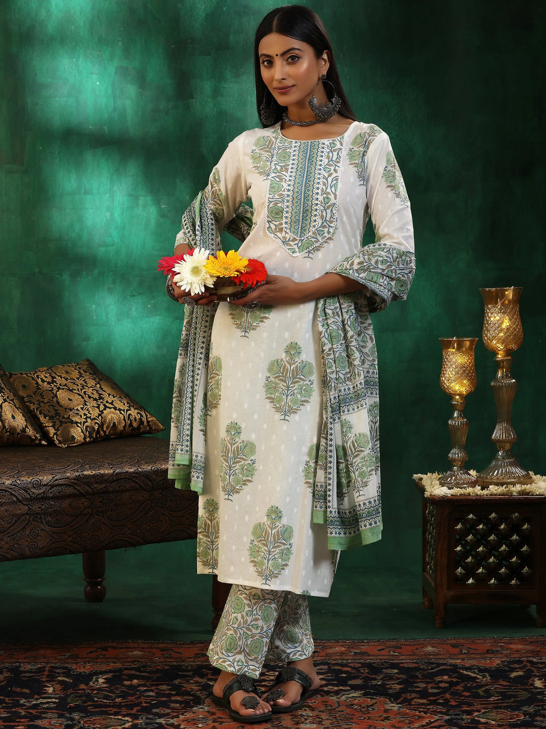 Off White Printed Cotton Straight Suit With Dupatta