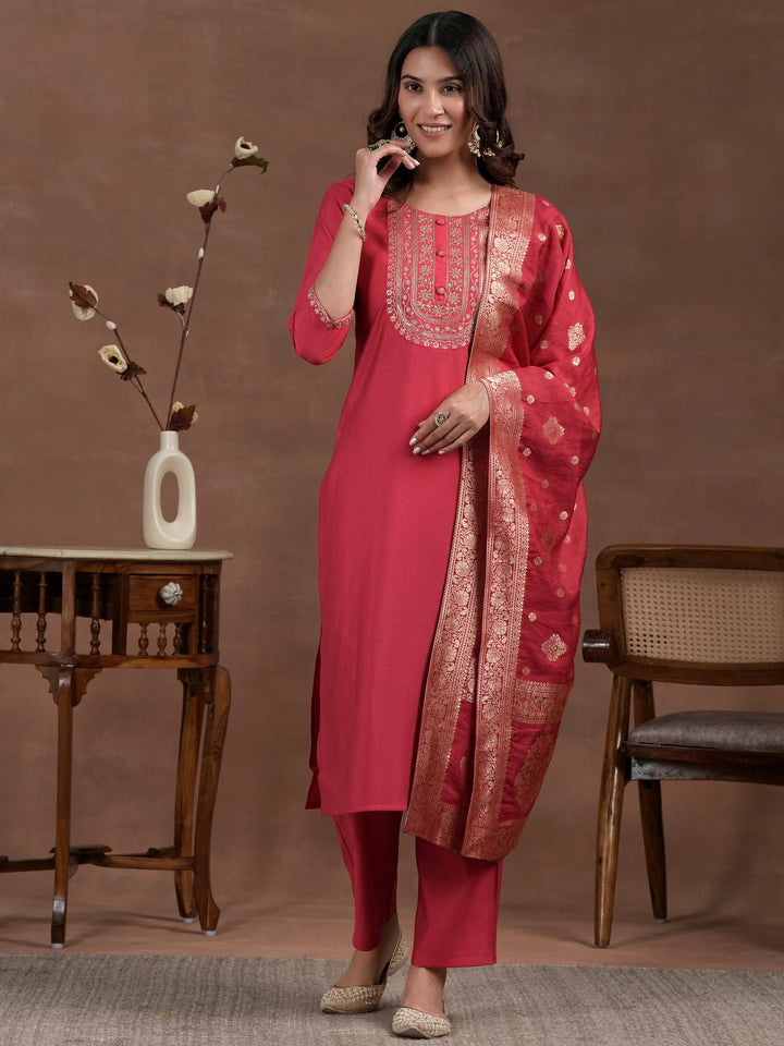 Pink Yoke Design Silk Blend Straight Suit With Dupatta - Libas