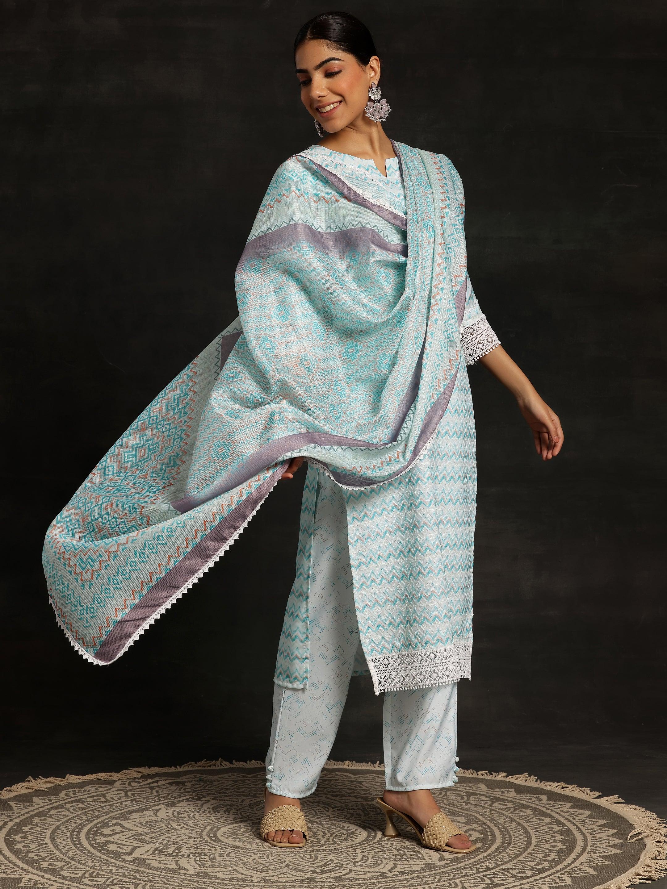 Blue Embroidered Cotton Straight Suit With Dupatta