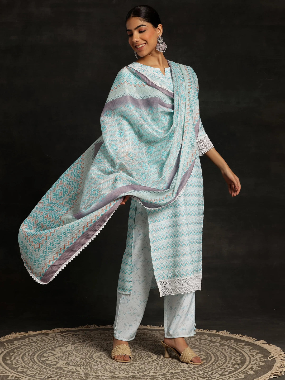 Blue Embroidered Cotton Straight Suit With Dupatta - Libas