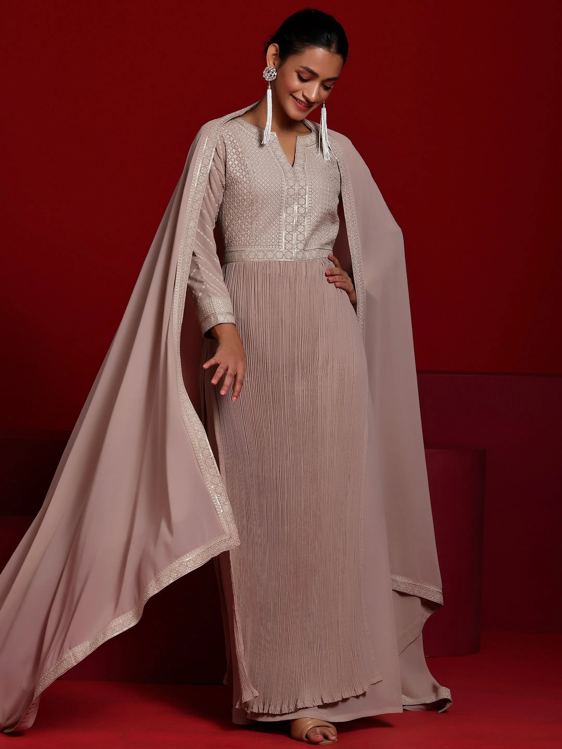 Libas Art Beige Embroidered Georgette A-Line Kurta With Palazzos & Dupatta-image-48