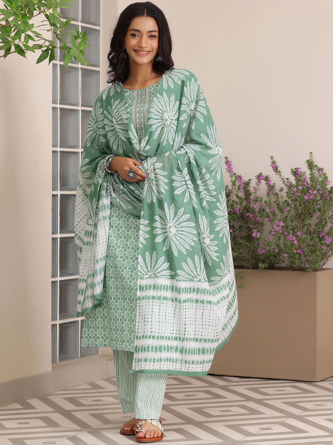 Green Printed Cotton Straight Suit With Dupatta-image-44