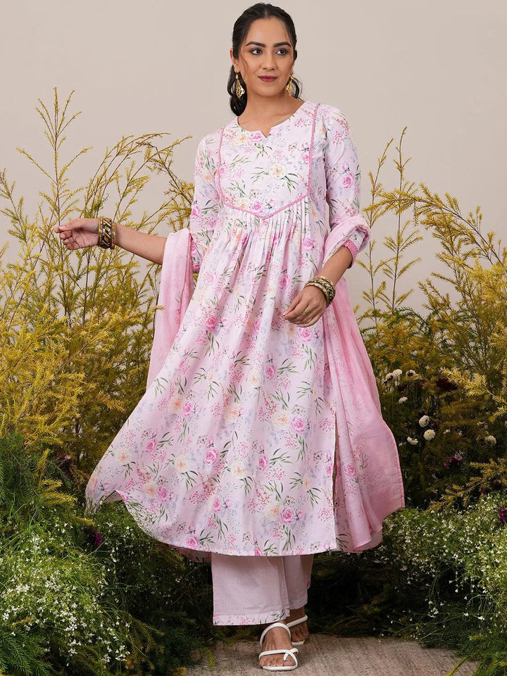 Pink Printed Cotton Blend A-Line Kurta With Palazzos & Dupatta - Libas