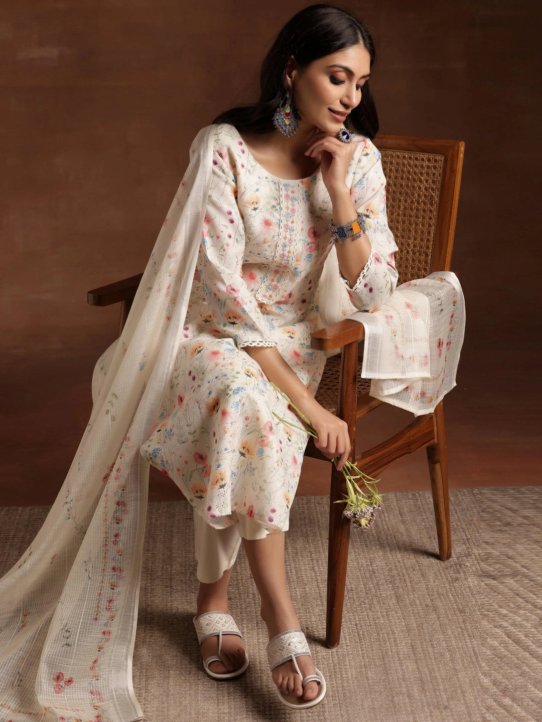 Cream Printed Cotton Straight Suit With Dupatta - Libas 