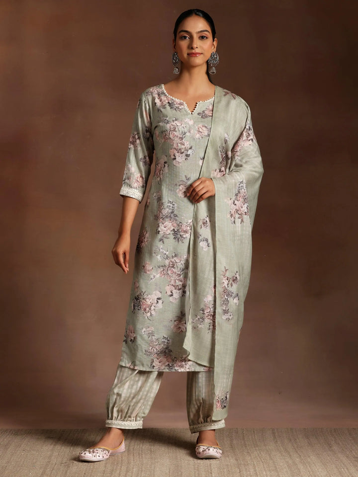 Green Printed Cotton Straight Suit With Dupatta - Libas