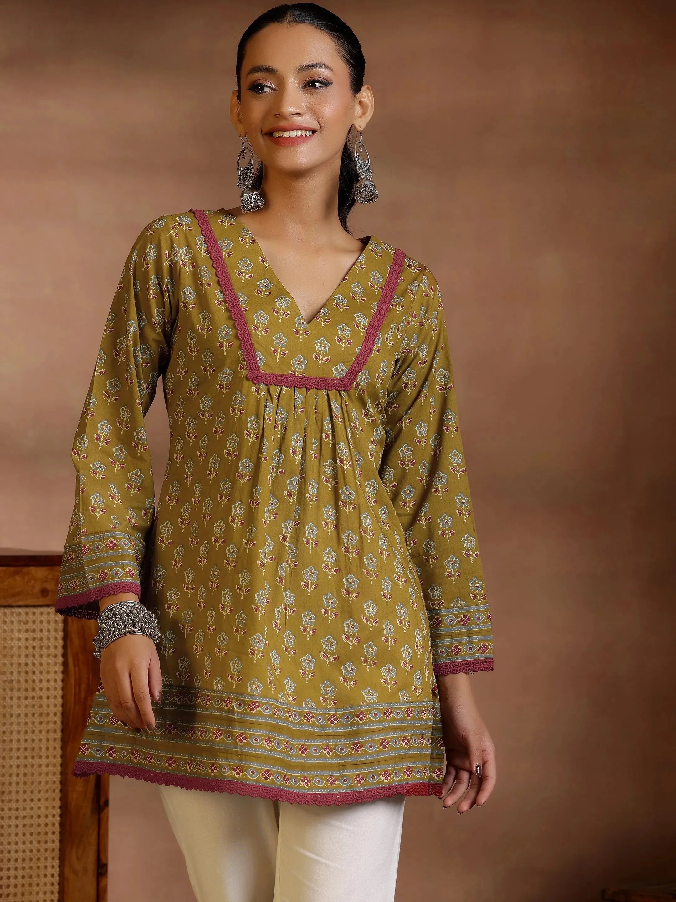 Olive Printed Cotton A-Line Kurti-image-15