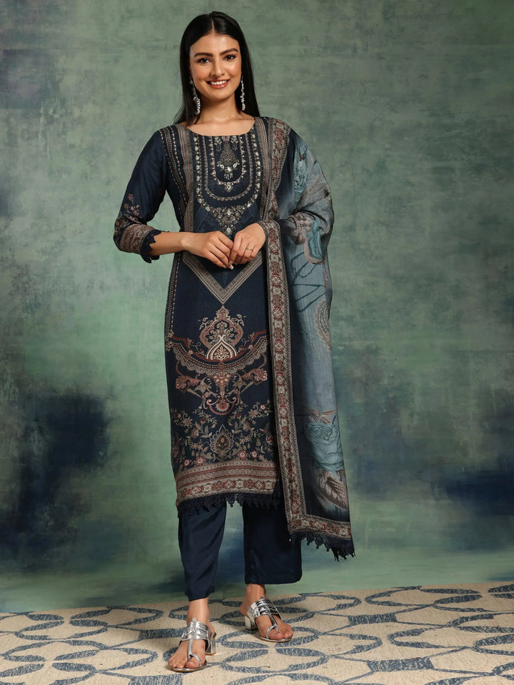 Blue Printed Silk Blend Straight Suit With Dupatta - Libas