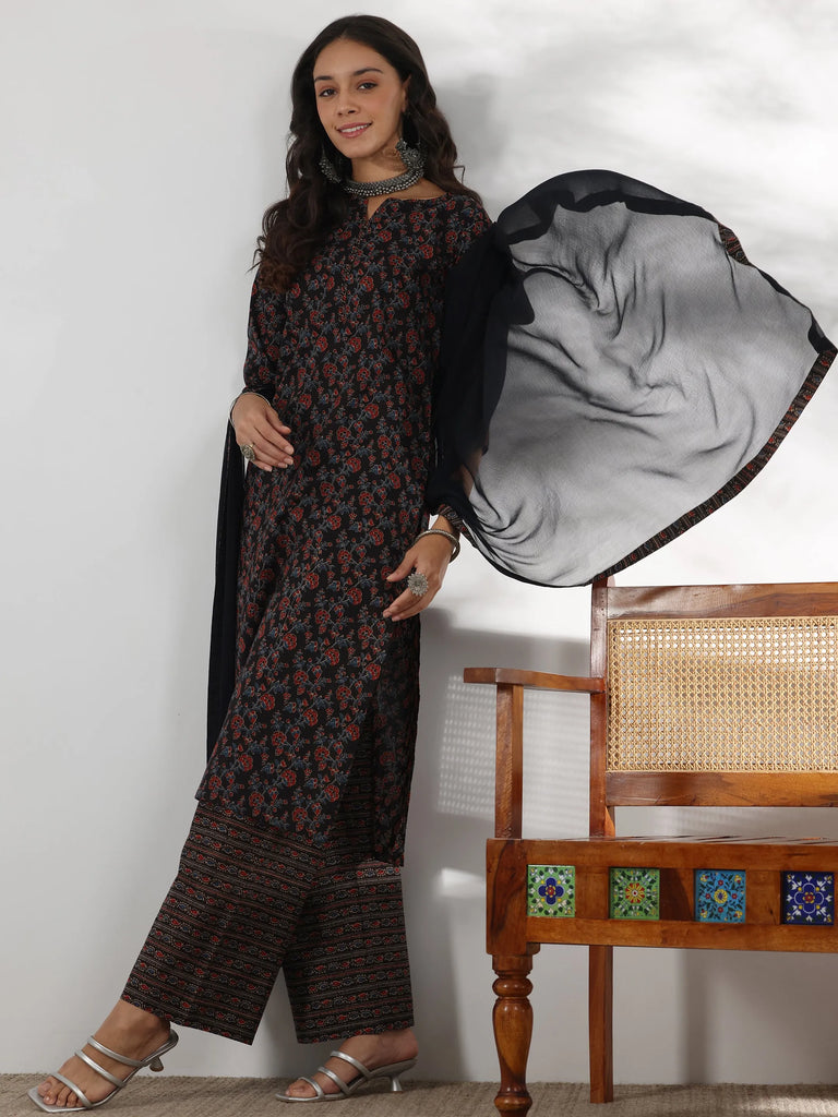 Libas Black Printed Cotton Straight Suit With Dupatta